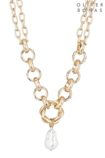 Oliver Bonas Natural Kali Faux Pearl Drop Chunky Chain Necklace (D06852) | £28