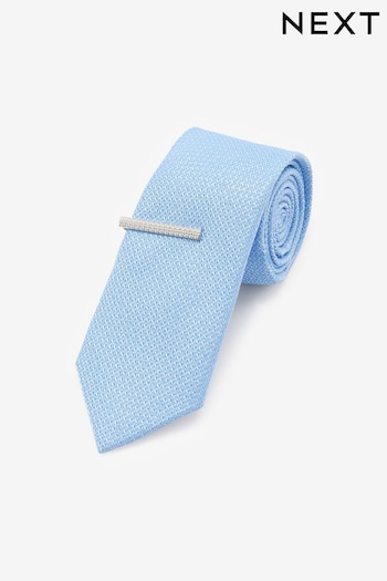 Light Blue Slim Textured Tie And Clip Set (D07236) | £14