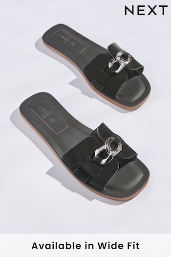 Black Regular/Wide Fit Forever Comfort® Leather Chain Detail Mule Sandals (D07294) | £26