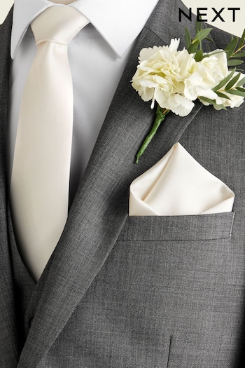 Ivory Cream Slim Silk Wedding Tie And Pocket Square Set (D07433) | £20