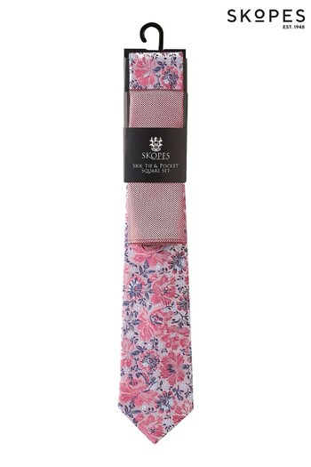 Skopes Pink Floral Silk Tie And Pocket Square (D07628) | £30