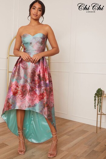 Chi Chi London Pink Strapless Printed Dip Hem Dress (D07875) | £106