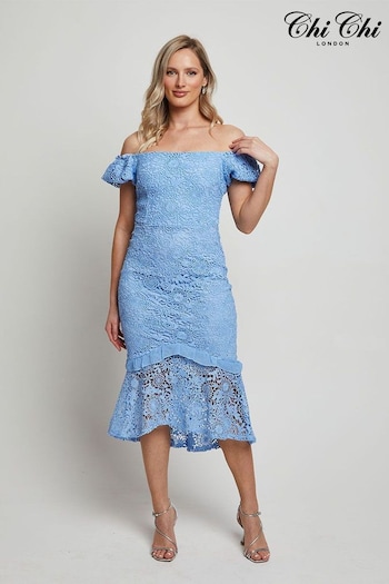 Chi Chi London Blue Bardot Premium Lace Peplum Midi Dress (D07885) | £90