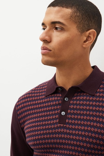 Burgundy Red Knitted Pattern Long Sleeve Polo Shirt (D07903) | £34