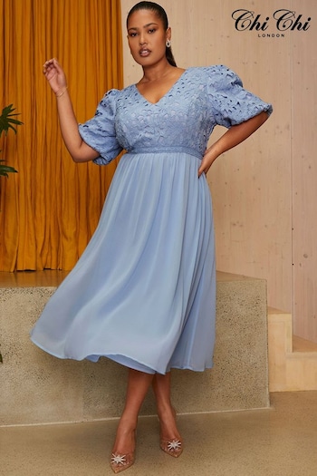 Chi Chi London Blue Curve Puff Sleeve Premium Lace Midi Dress (D07913) | £85