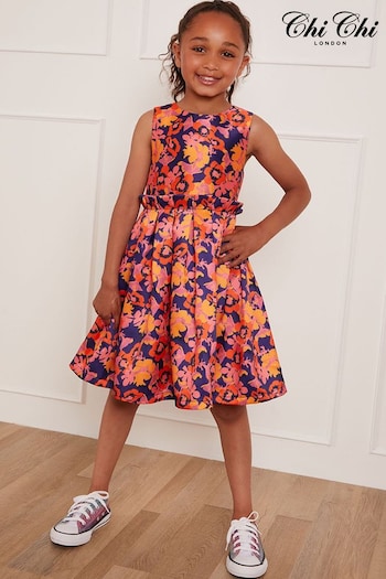 Chi Chi London Orange Floral Abstract Younger Girls Midi Dress (D07952) | £45