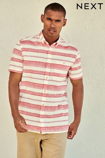 Red/White Linen Blend Short Sleeve Stripe Shirt (D08083) | £30