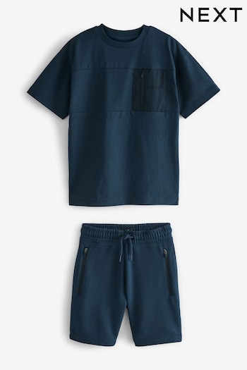 Navy Blue Zip Pocket T-Shirt and Short Set (3-16yrs) (D08100) | £14 - £22