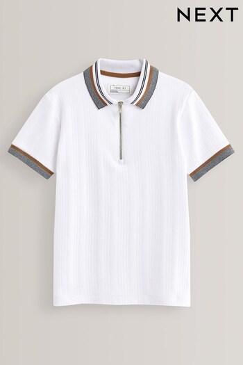 White Short Sleeve Zip Neck Textured top Polo Shirt (3-16yrs) (D08240) | £14 - £20