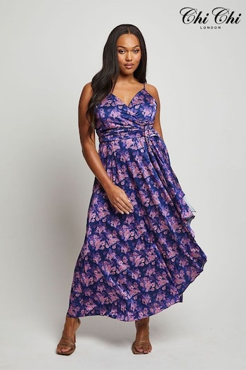 Chi Chi London Blue Cami Floral Print Wrap Midi Dress (D08333) | £78