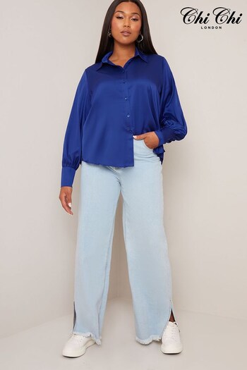 Chi Chi London Blue Long Sleeve Satin Shirt (D08339) | £34