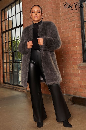 Chi Chi London Grey Shaggy Faux Fur Coat (D08354) | £95