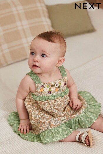 Green Baby Woven tie Dress And Knicker 2 Piece Set (0mths-2yrs) (D08445) | £19 - £21