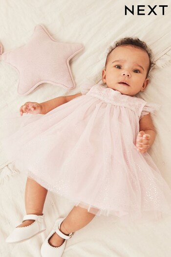 Pale Pink Baby Occasion Embroidered Sparkle Mesh Dress (0mths-2yrs) (D08446) | £16 - £18