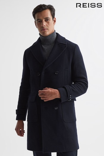 Reiss Navy Fall Double Breasted Wool Blend Military Overcoat (D08608) | £398