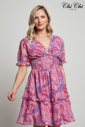 Chi Chi London Pink Puff Sleeve V-Neck Tiered Abstract Midi Dress (D08624) | £68