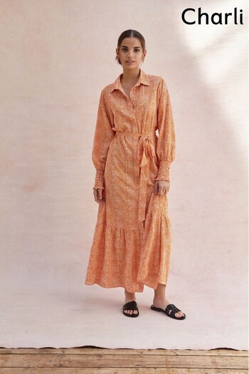 Charli Orange Spots Print Shirt Dress With Belt (D08674) | £65