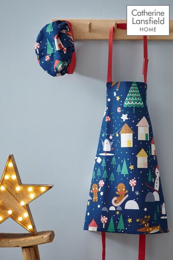 Catherine Lansfield Blue Santa's Christmas Wonderland Kids Matching Apron And Hat (D09098) | £10