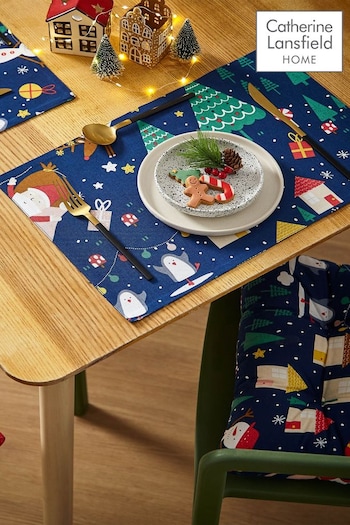 Catherine Lansfield Set of 2 Blue Santa's Christmas Wonderland Cotton Placemats (D09099) | £10