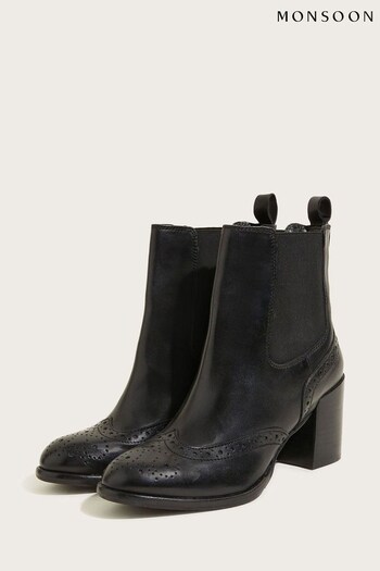 Monsoon Black Classic Leather Heeled Brogue Boots (D10209) | £80