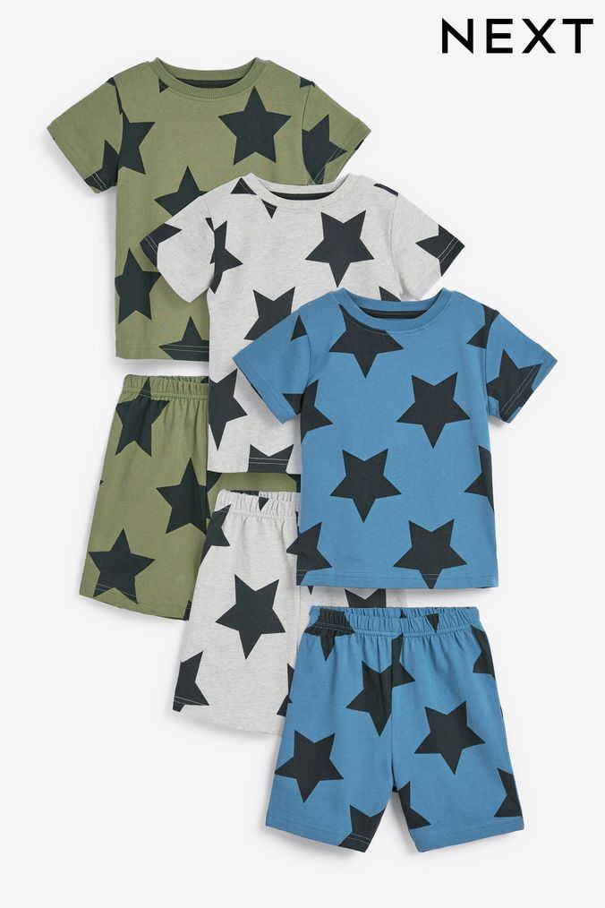 Khaki Green Star 3 Pack Short Pyjamas (9mths-12yrs) (D10543) | £23 - £32