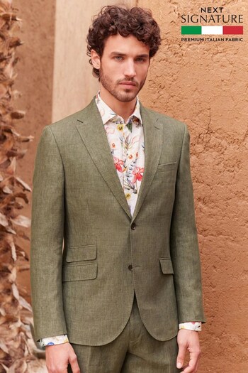 Olive Green Signature Leomaster Italian Linen Slim Fit Suit Jacket (D10559) | £149