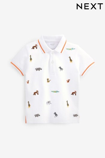White Safari Embroidered Pique Jersey Polo Shirt (3mths-7yrs) (D12187) | £11 - £13