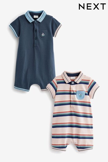 Navy Blue/Pink Stripe Baby Polo Rompers 2 Pack (D12584) | £17 - £19