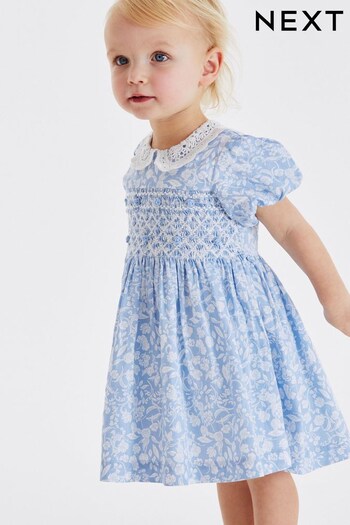 Pale Blue Printed Lace Collar Shirred Cotton Dress (3mths-7yrs) (D12642) | £21 - £25