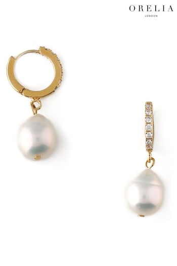 Orelia London 18K Gold Pearl Drop Pave Huggie Hoop Earrings (D12802) | £28