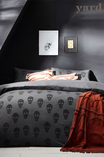 The Linen Yard Grey Skulls Tufted 100% Cotton Duvet Cover and Pillowcase Set (D12995) | £40 - £78