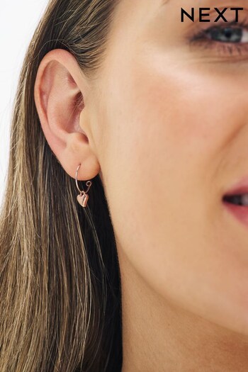 Sterling Silver/Rose Gold Plated Heart Drop Hoop Earrings (D14013) | £16