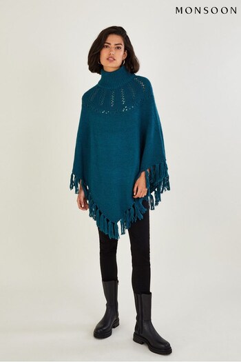 Monsoon Blue Pointelle Poncho with Fringe Trim (D14084) | £55