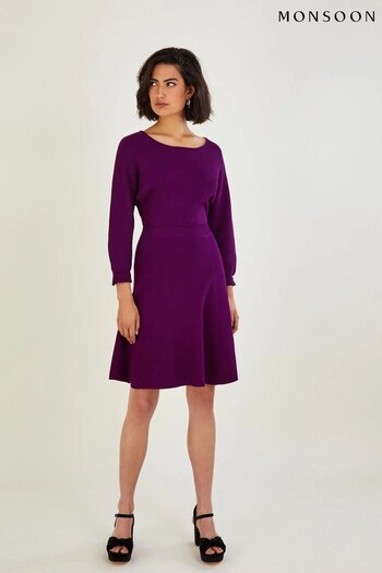 Monsoon Purple Pleat Cuff Short Knit Dress (D14090) | £75