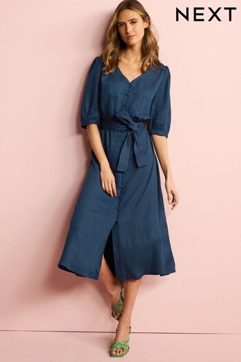 Navy Blue Linen Button Through Summer Midi Dress (D14187) | £42