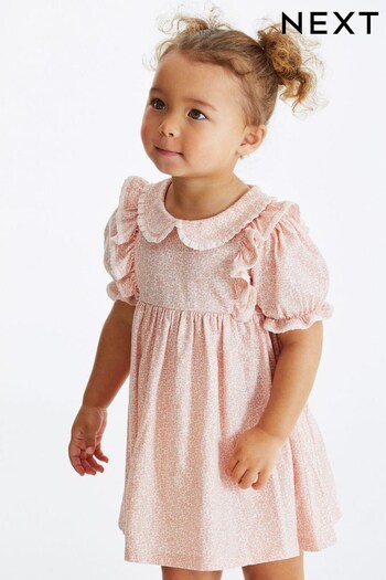 Pink Ditsy Peter Pan Collar Puff Sleeve Cotton Jersey Dress (3mths-7yrs) (D14214) | £4.50 - £5.50