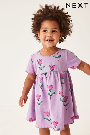 Lilac Short Sleeve Scallop Edge Cotton Jersey Dress (3mths-7yrs) (D14242) | £6.50 - £8.50