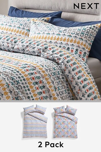 2 Pack Teal Blue Retro Floral Geometric Duvet Cover And Pillowcase Set (D14653) | £32 - £68