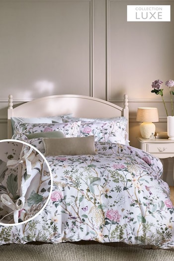 Green/Ecru White 300 Thread Count 100% Cotton Floral Duvet Cover And Pillowcase Set (D14654) | £45 - £75