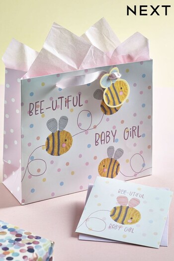 Pink Baby Girl Bee Gift Bag and Card Set (D15263) | £4.50