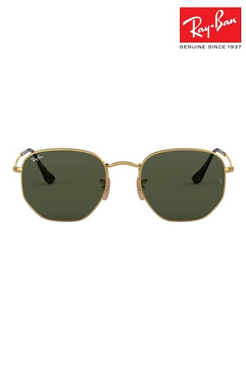 Ray-Ban Gold & Green Lens Hexagonal Sunglasses Unisex (D16019) | £155