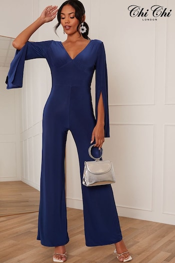 Chi Chi London Blue V-Neck Split Sleeve Jumpsuit (D16153) | £87
