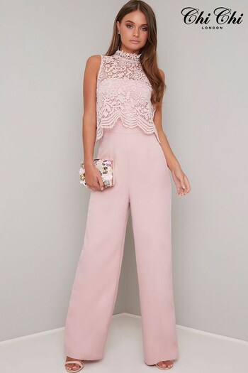 Chi Chi London Pink Lace Overlay Wide Leg Jumpsuit (D16155) | £68