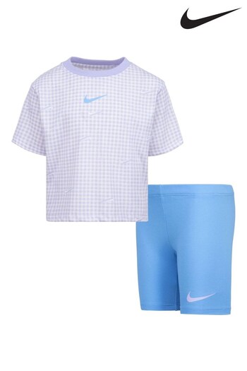 Nike Lilac/Blue Little Kids Gingham T-Shirt and Shorts Set (D16208) | £35