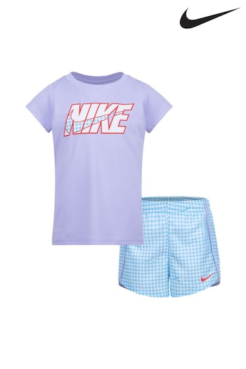 Nike Lilac/Blue Little Kids Gingham DriFIT TShirt and Shorts Set (D16211) | £35