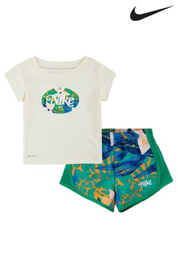 Nike huarache Cream/Green Little Kids Floral DriFIT T-Shirt and Shorts Set (D16213) | £35