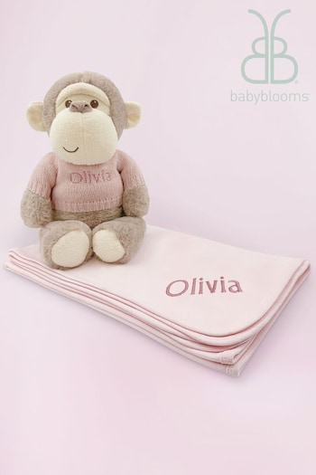 Babyblooms Pink Personalised Monkey Soft Toy with Snuggle Wrap Gift Set (D16325) | £56