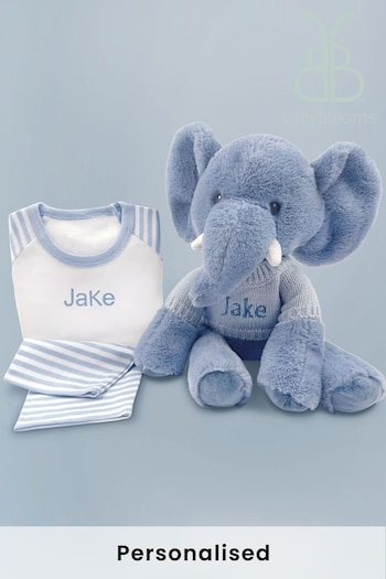 Babyblooms Blue Personalised Elephant Soft Toy with Stripe Pyjamas (D16327) | £54