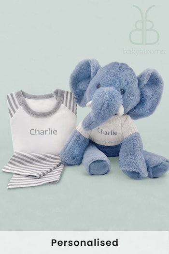 Babyblooms Blue Personalised Elephant Soft Toy with Grey Stripe Pyjamas (D16331) | £54