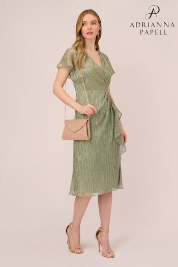 Adrianna Papell Green Metallic Crinkle Midi Dress (D16348) | £179